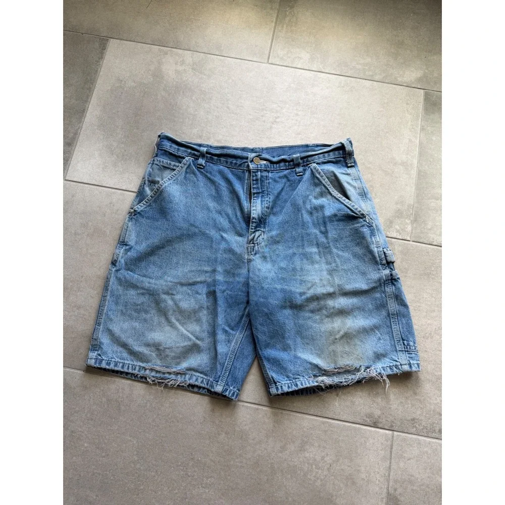Vintage Carhartt R28 DST Mens 34 Blue Denim Carpenter Shorts Distressed Workwear - Picture 2 of 11